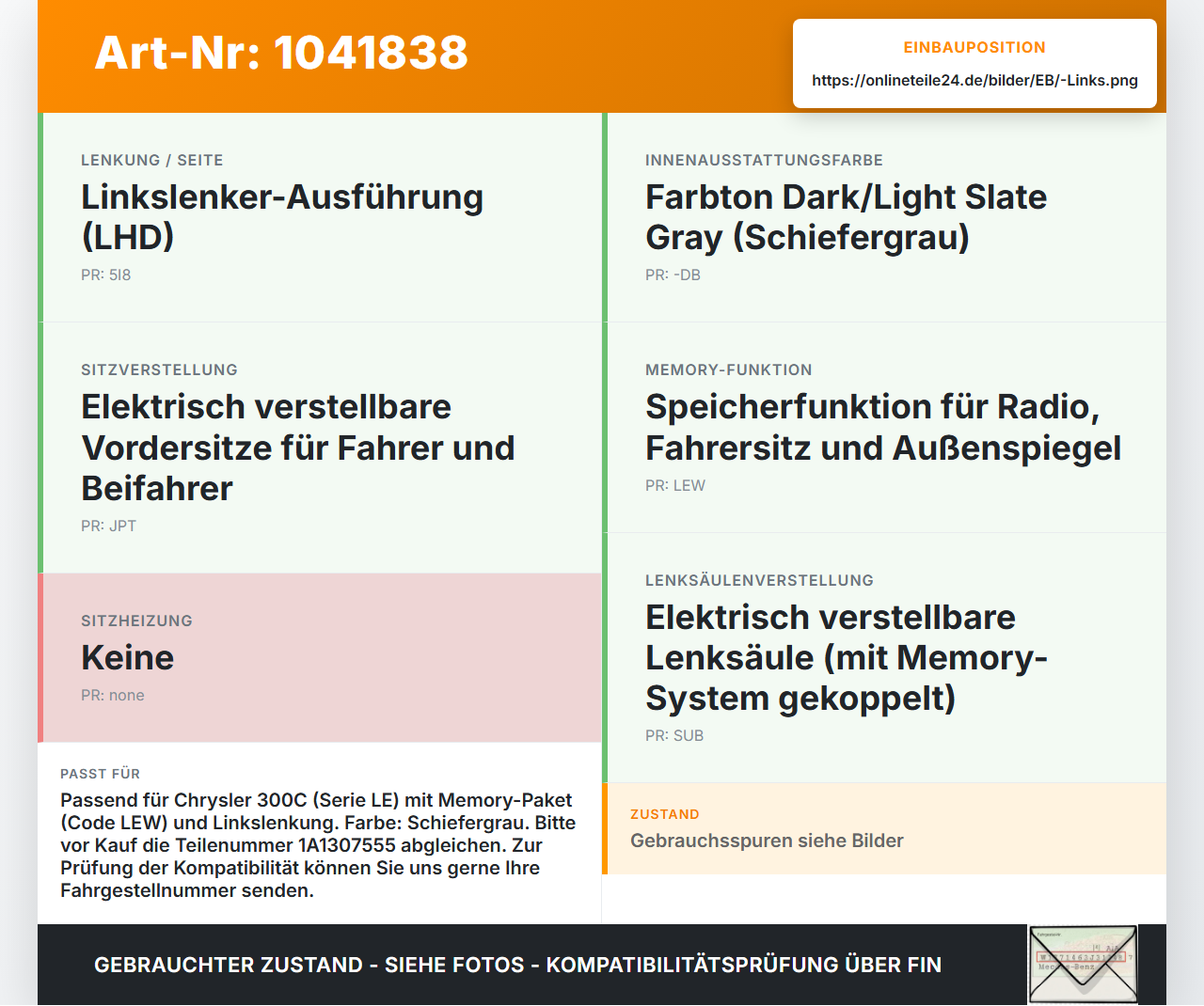 Chrysler 300C LE 04-07 Schalter Links für Sitzverstellung Memory Chrysler 300C LE 04-07 07.08.2007 04602446AB... Vorschau 3