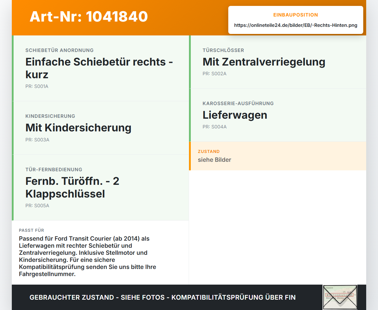 Ford Transit Courier 14-18 Kasten Türschloss m. ZV Stellmotor Rechts Hinten Mitte für Schiebetür Ford Transit... Vorschau 3