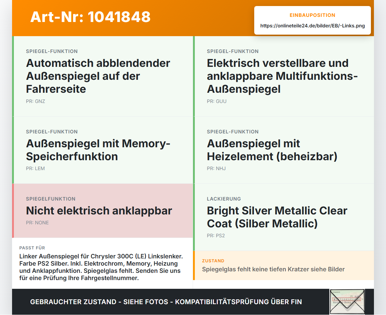 Chrysler 300C LE 04-07 Spiegel Aussenspiegel Links elektr Elektrochrom PS2 Chrysler 300C LE 04-07 07.08.2007 gebraucht Vorschau 3