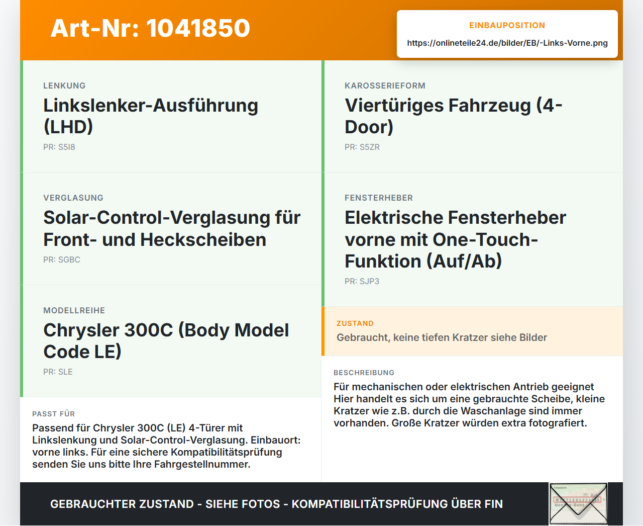Chrysler 300C LE 04-07 Lim LVK Seitenscheibe für Tür Fenster Türscheibe Links Vorne Chrysler 300C LE 04-07... Vorschau 3