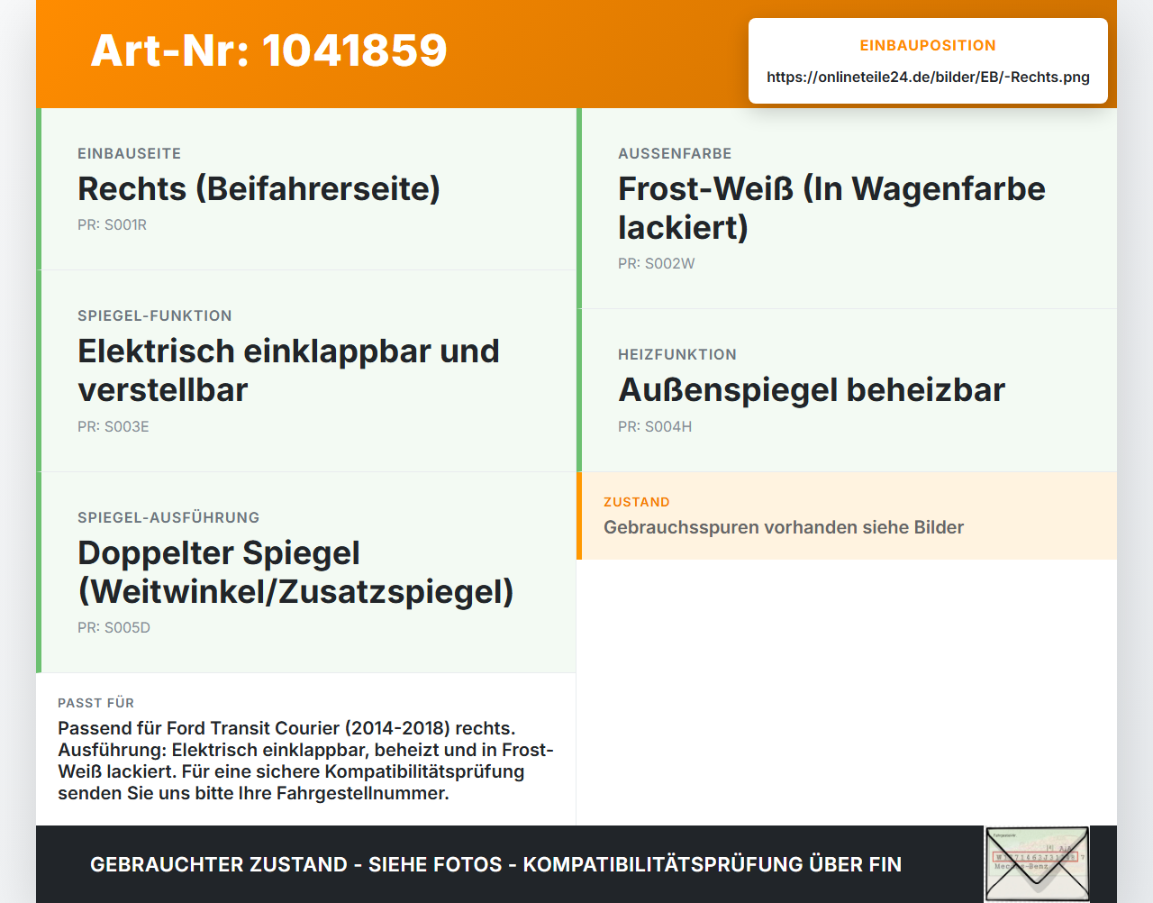 Ford Transit Courier 14-18 Spiegel Aussenspiegel Rechts beheizt EN Ford Transit Courier 14-18 04.07.2014... Vorschau 3