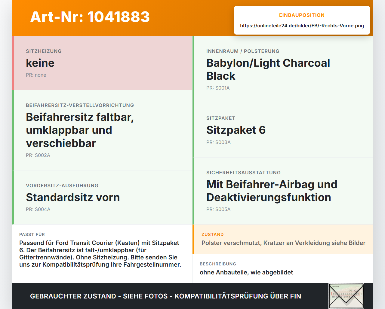 Ford Transit Courier 14-18 Kasten Sitz Beifahrersitz Vorne Rechts Ford Transit Courier 14-18 04.07.2014 - gebraucht Vorschau 3