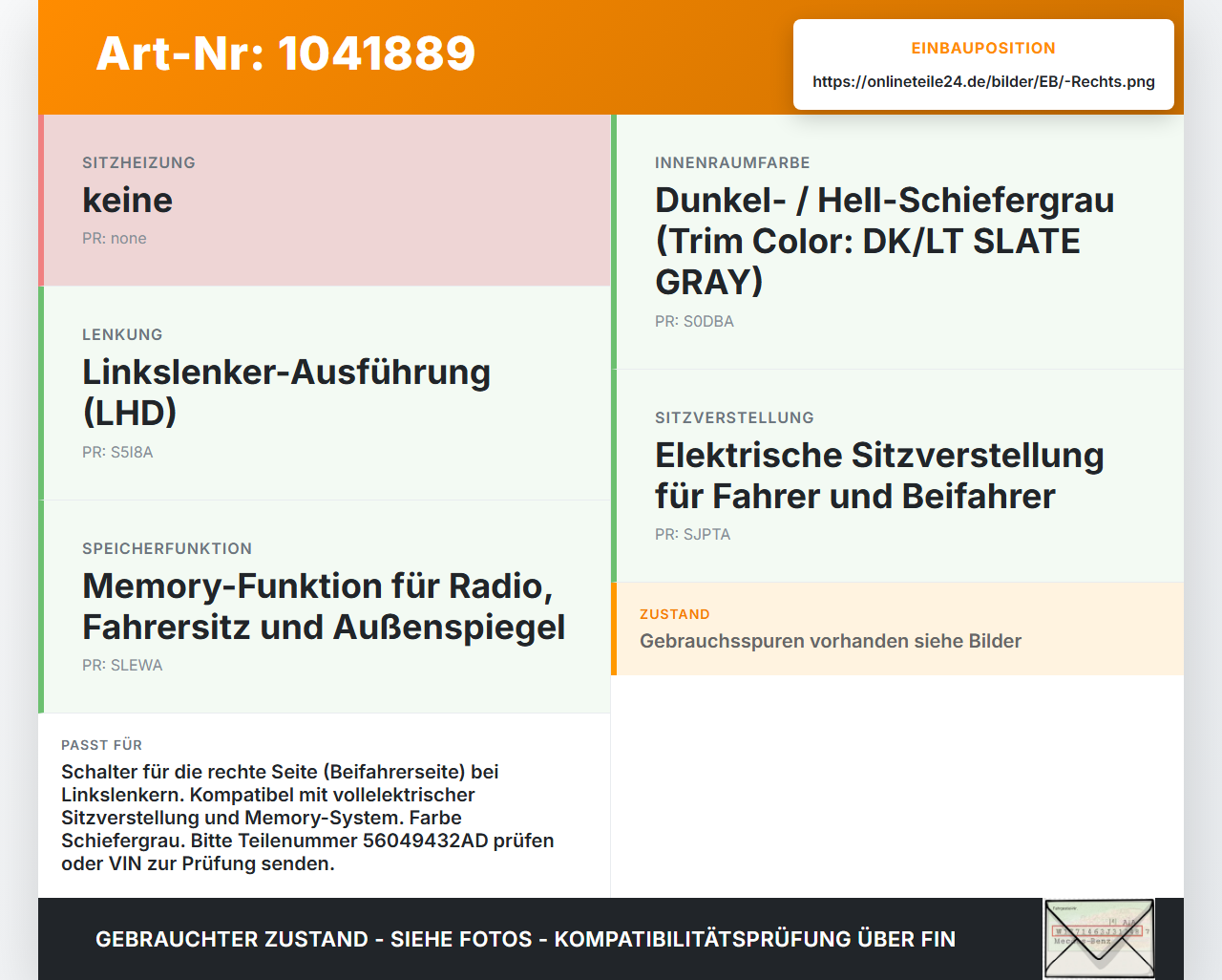 Chrysler 300C LE 04-07 Schalter Rechts für Sitzverstellung Chrysler 300C LE 04-07 07.08.2007 56049432AD 03461142... Vorschau 3