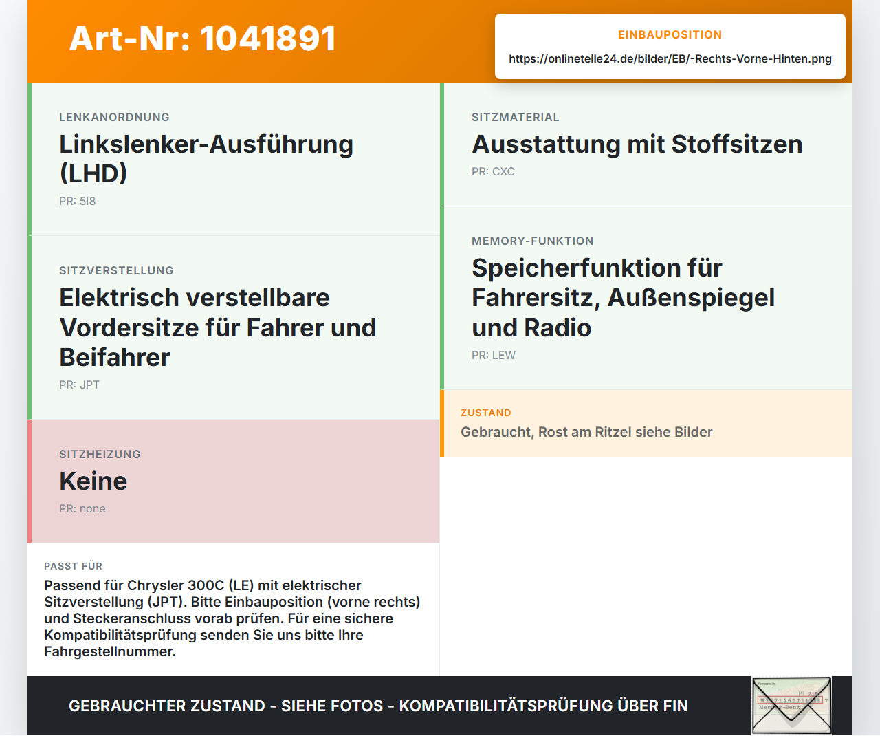 Chrysler 300C LE 04-07 2,7 142KW Stellmotor Sitzverstellung Rechts Vorne Hinten Chrysler 300C LE 04-07 07.08.2007... Vorschau 3