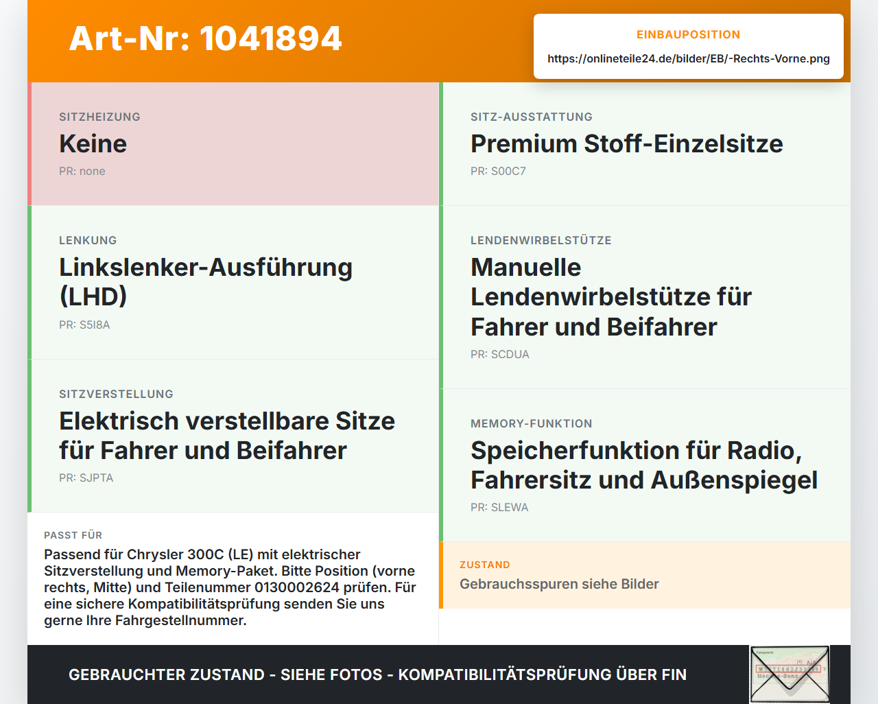 Chrysler 300C LE 04-07 Stellmotor Sitzverstellung Rechts Vorne Mitte Chrysler 300C LE 04-07 07.08.2007 P0-12158-01... Vorschau 3