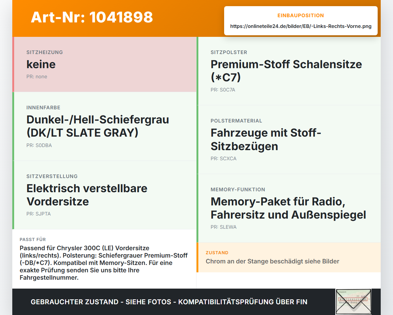 Chrysler 300C LE 04-07 Kopfstütze für Fahrer Sitz Rechts oder Links Vorne Chrysler 300C LE 04-07 07.08.2007 gebraucht Vorschau 3
