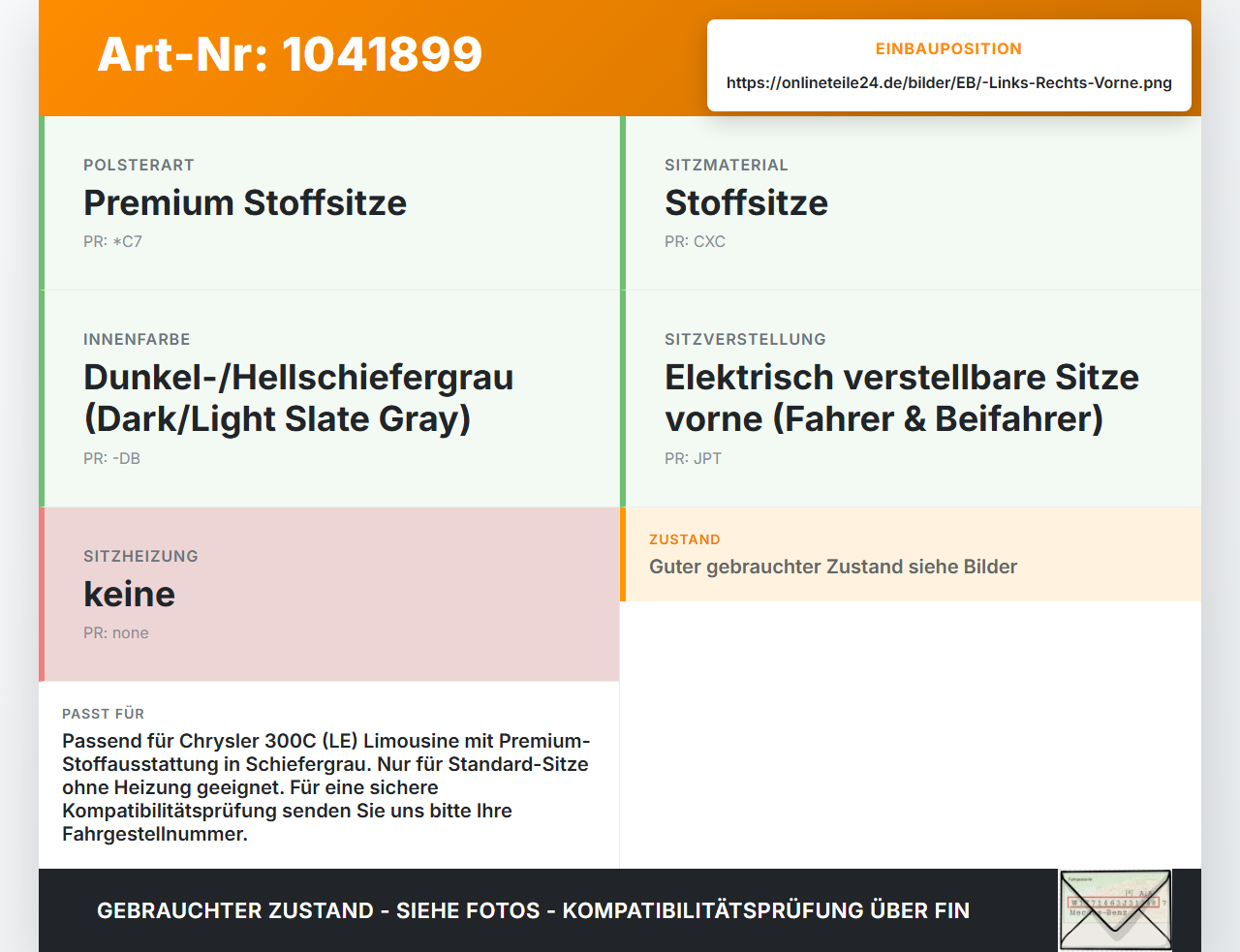 Chrysler 300C LE 04-07 Lim Kopfstütze für Beifahrer Sitz Rechts oder Links Vorne Chrysler 300C LE 04-07 07.08.2007... Vorschau 3
