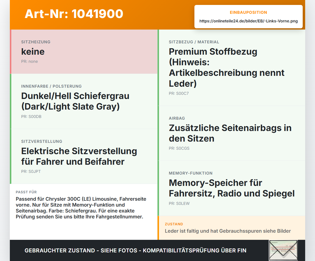 Chrysler 300C LE 04-07 Lim Sitzbezug Rückenpolster Links Vorne für Fahrer Sitz Chrysler 300C LE 04-07 07.08.2007... Vorschau 3