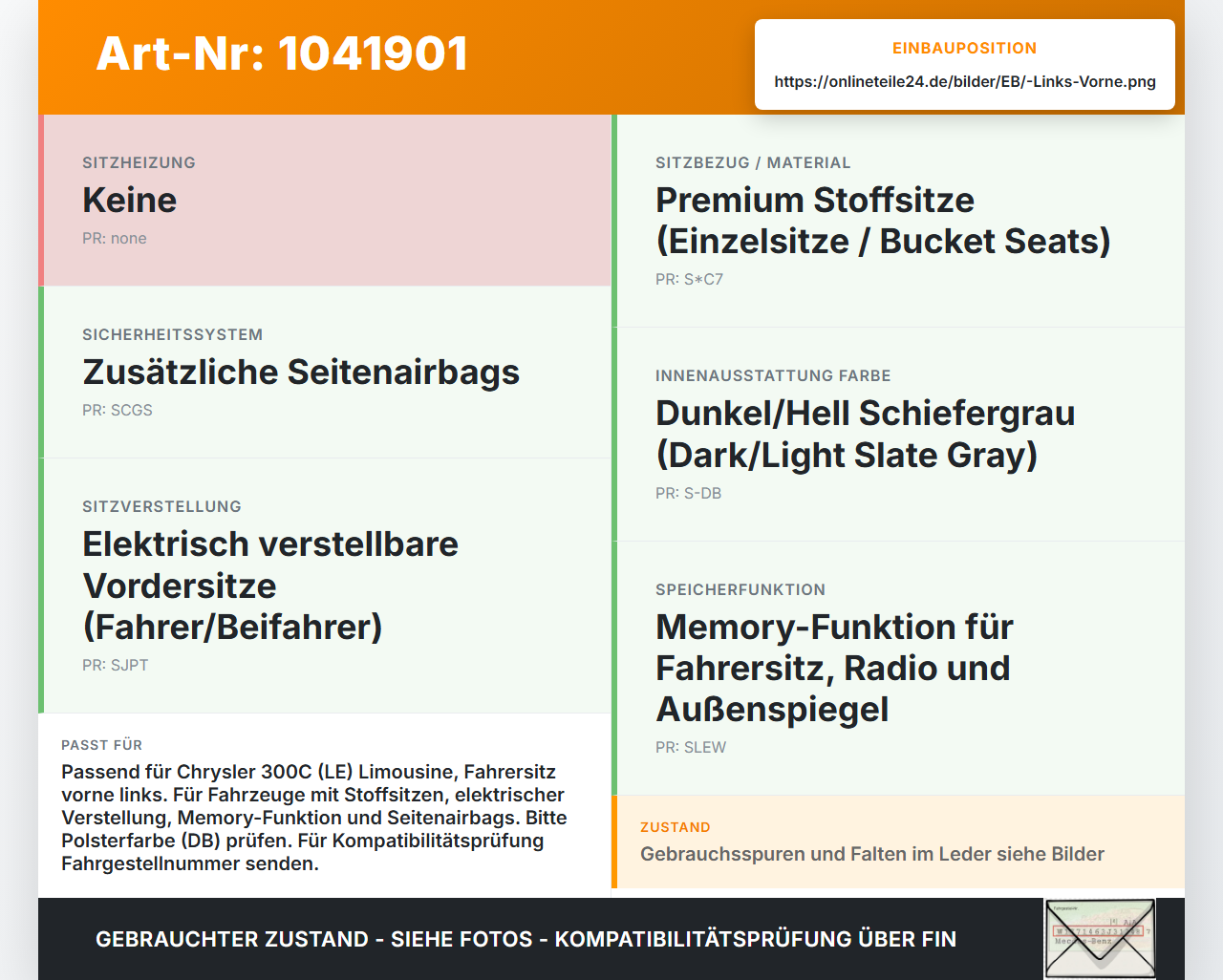 Chrysler 300C LE 04-07 Lim Sitzbezug Sitzpolster für Fahrersitz Sitz Links Vorne Chrysler 300C LE 04-07 07.08.2007... Vorschau 3
