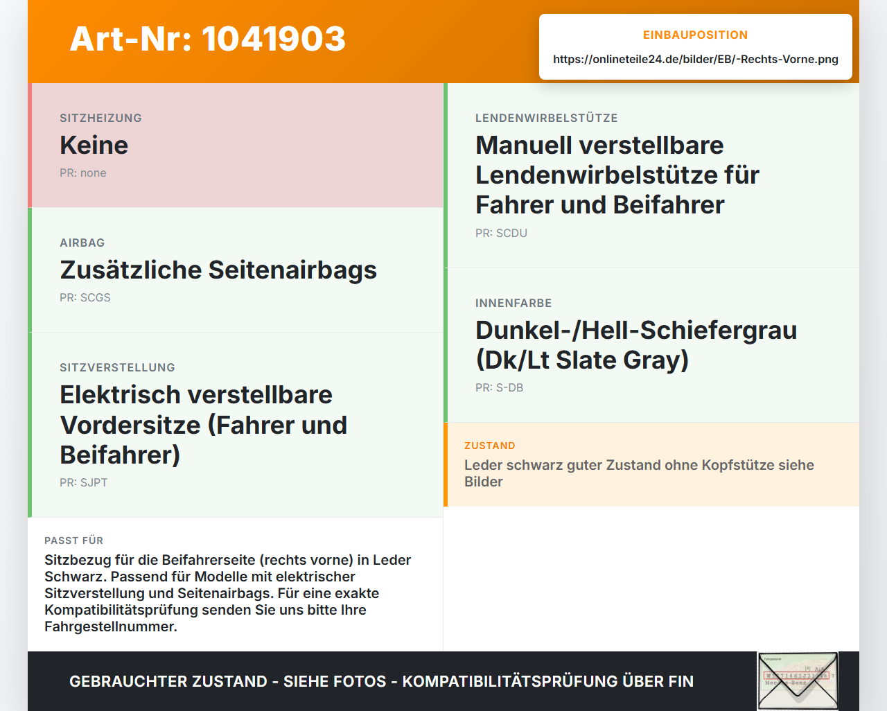 Chrysler 300C LE 04-07 Lim Sitzbezug Rückenpolster Rechts Vorne für Beifahrer Sitz Chrysler 300C LE 04-07... Vorschau 3