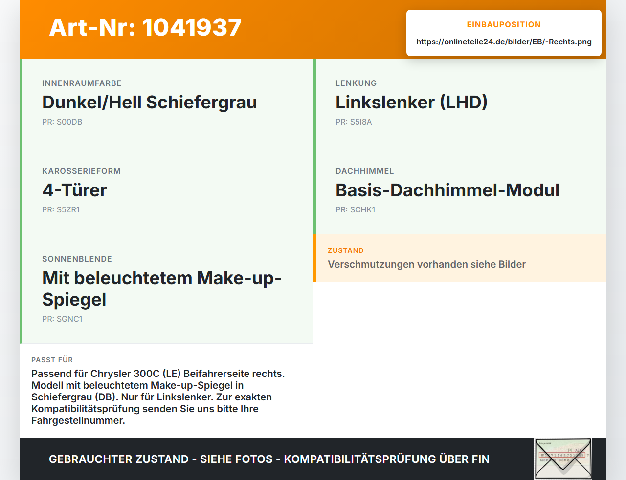 Chrysler 300C LE 04-07 Sonnenblende Rechts für Beifahrer Chrysler 300C LE 04-07 07.08.2007 gebraucht Vorschau 3