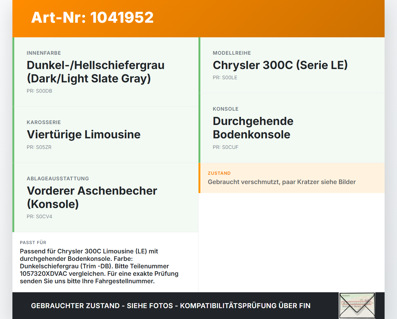 Chrysler 300C LE 04-07 Lim Becherhalter Getränkehalter Chrysler 300C LE 04-07 07.08.2007 1057320XDVAC gebraucht Vorschau 3