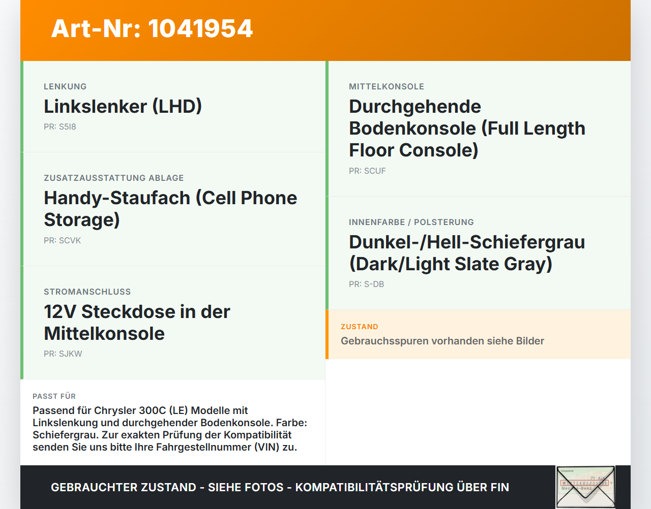 Chrysler 300C LE 04-07 Lim Ablagefach Staufach Fach Mittelkonsole Chrysler 300C LE 04-07 07.08.2007 04595985AA gebraucht Vorschau 3