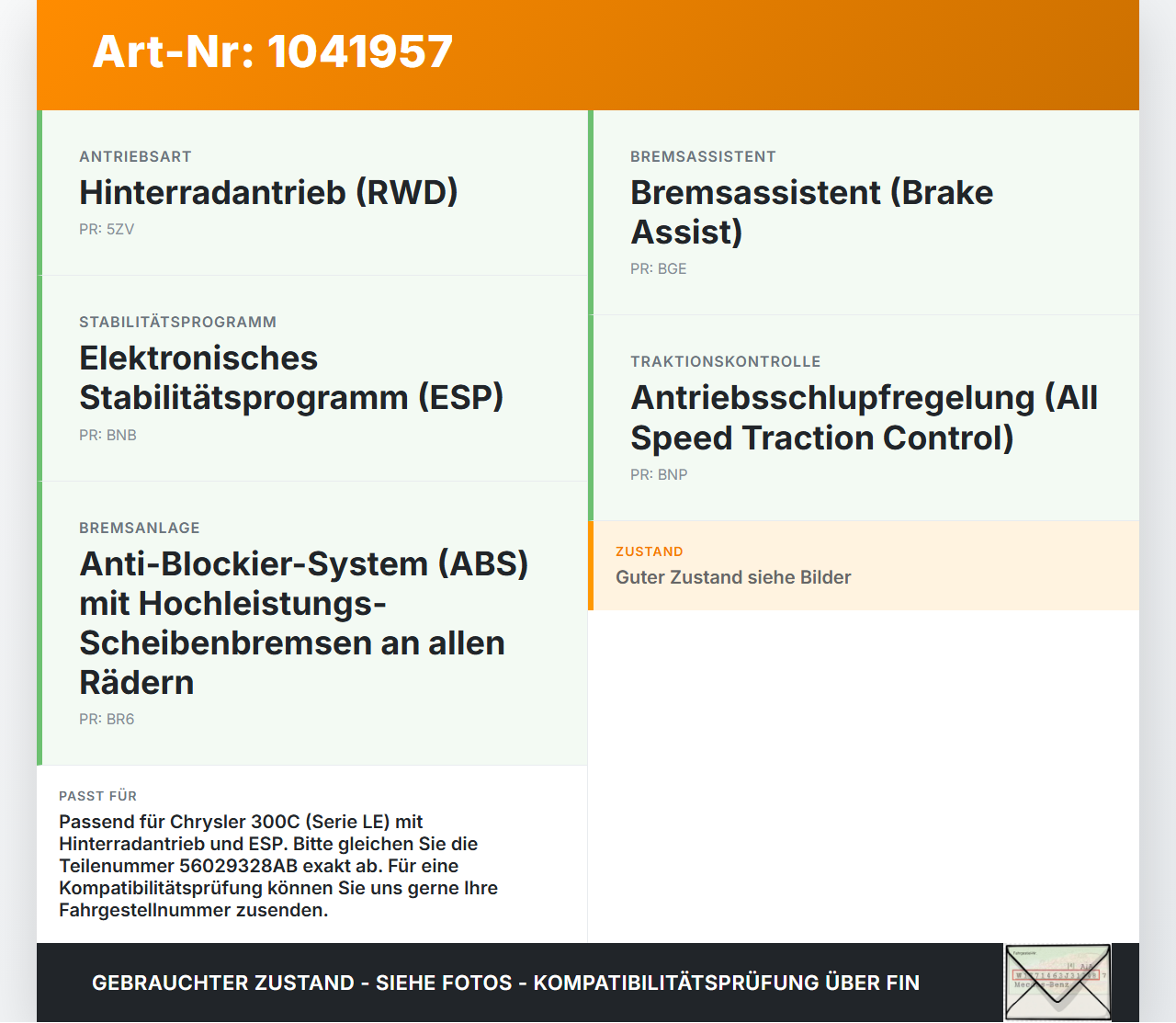 Chrysler 300C LE 04-07 Lim ESP Sensor Steuergerät Chrysler 300C LE 04-07 07.08.2007 56029328AB 25.1701-0316.4... Vorschau 3