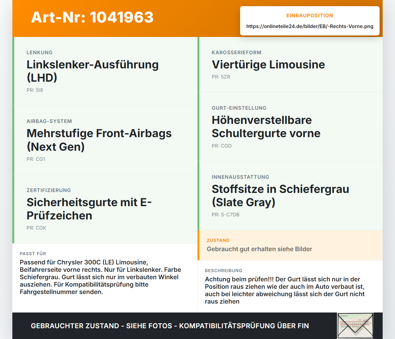 Chrysler 300C LE 04-07 Lim Gurt Sicherheitsgurt Gurtstraffer für Beifahrer Rechts Vorne Chrysler 300C LE 04-07... Vorschau 3