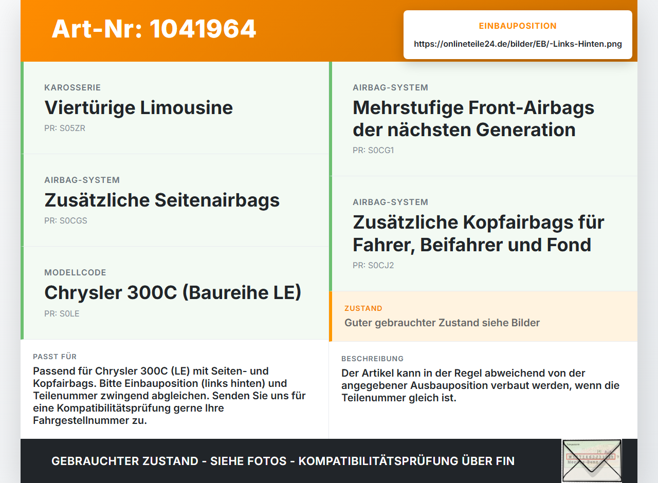 Chrysler 300C LE 04-07 Sensor für Airbag Crashsensor Airbagsensor Links Hinten Chrysler 300C LE 04-07 07.08.2007... Vorschau 3