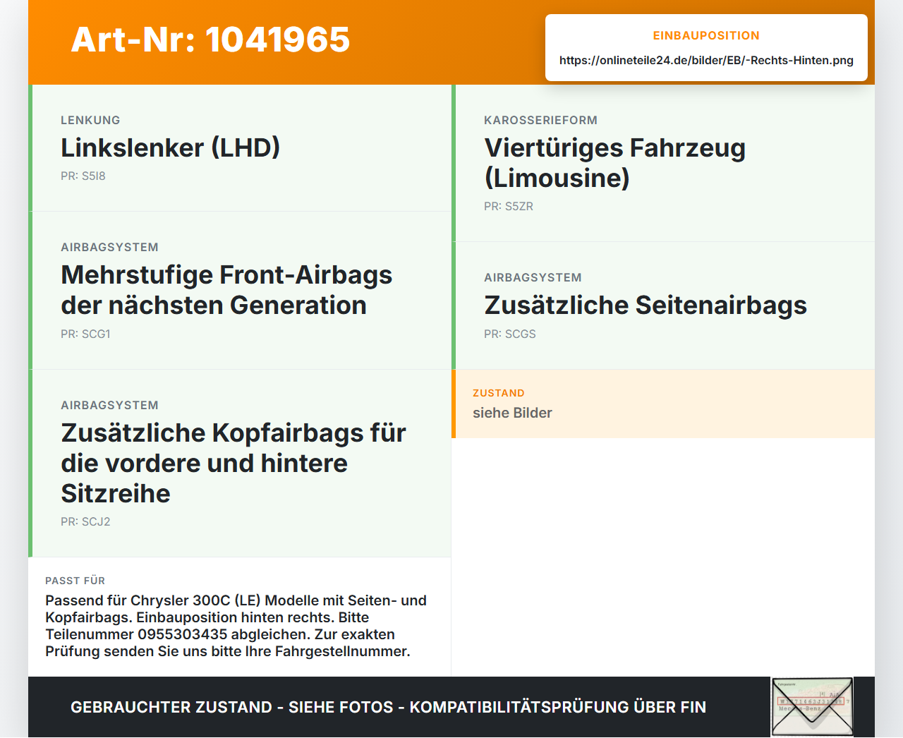 Chrysler 300C LE 04-07 Airbagsensor Crashsensor Sensor Rechts Hinten Chrysler 300C LE 04-07 07.08.2007 04671779AC... Vorschau 3