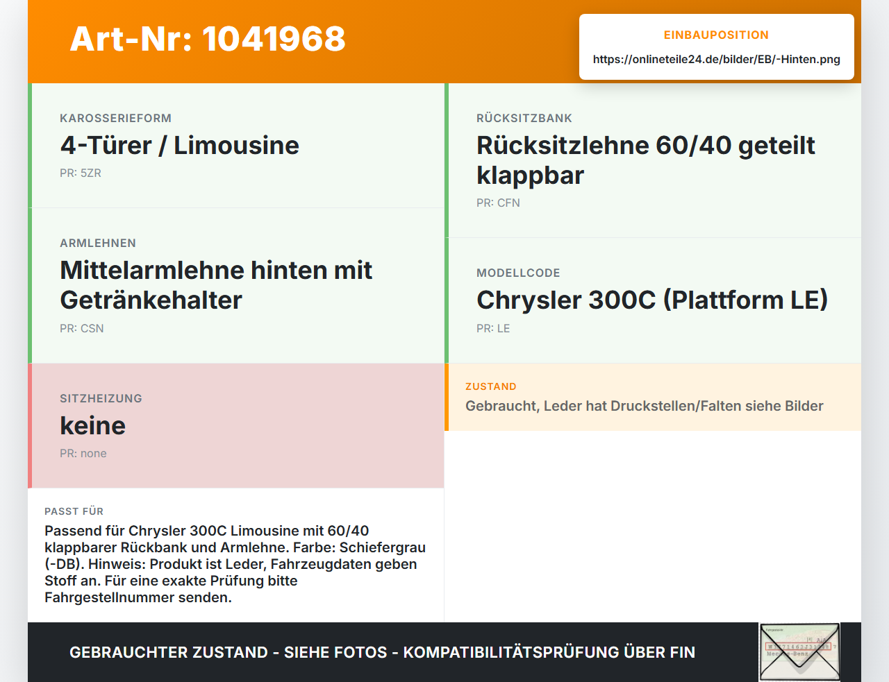 Chrysler 300C LE 04-07 Lim Sitzbezug Sitzpolster für Rücksitzbank Hinten Chrysler 300C LE 04-07 07.08.2007 1376624... Vorschau 3