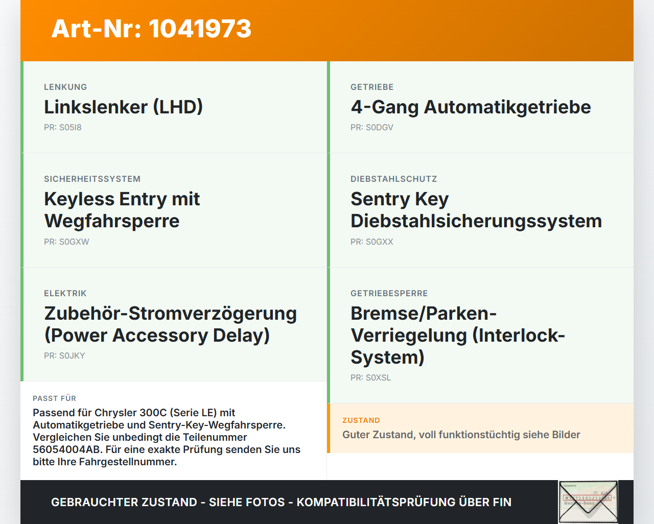 Chrysler 300C LE 04-07 2,7 142KW Zündschalter Zündschloss Chrysler 300C LE 04-07 07.08.2007 56054004AB gebraucht Vorschau 3
