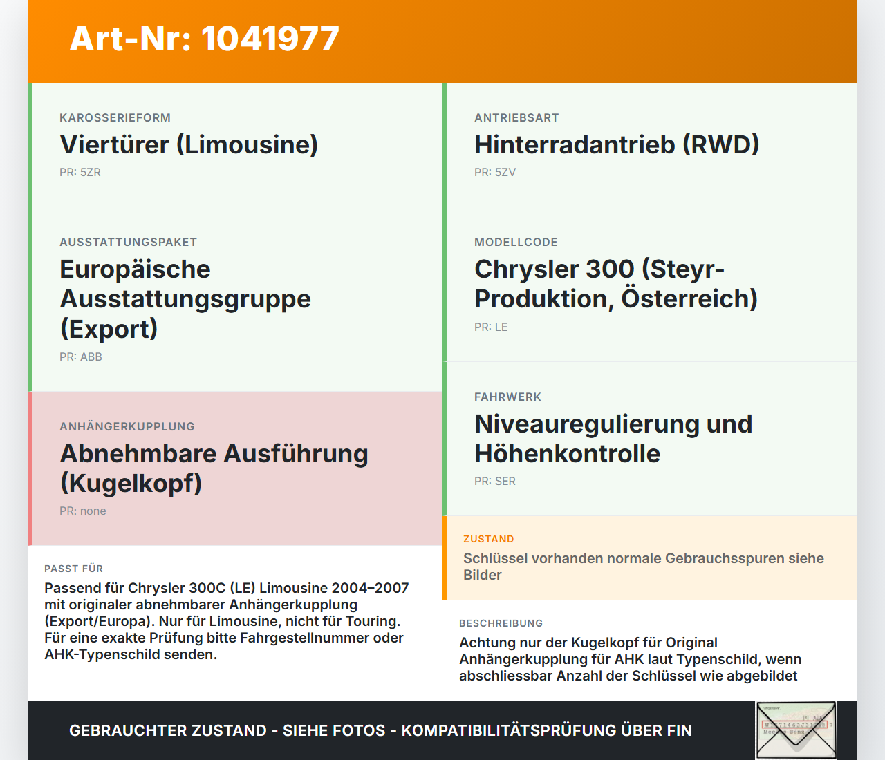 Chrysler 300C LE 04-07 Lim Abnehmbarer Kugelkopf für  Anhängerkupplung AHK Chrysler 300C LE 04-07 07.08.2007 307283... Vorschau 3