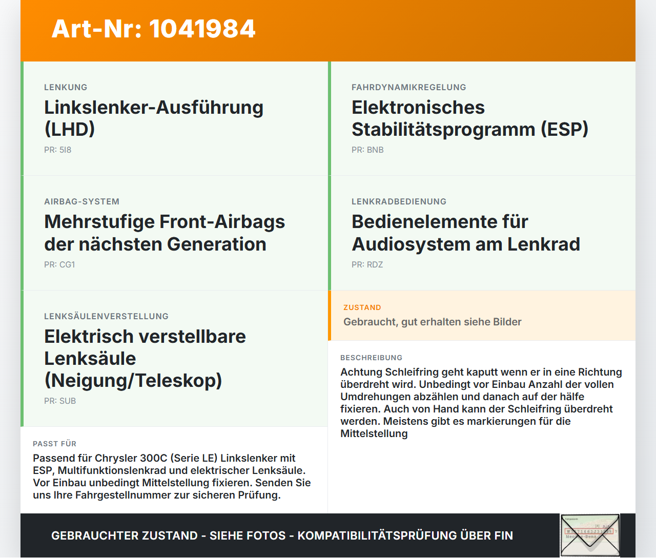 Chrysler 300C LE 04-07 Airbag Schleifring Wickelfeder Chrysler 300C LE 04-07 07.08.2007 04311251 0J265XXXAH... Vorschau 3