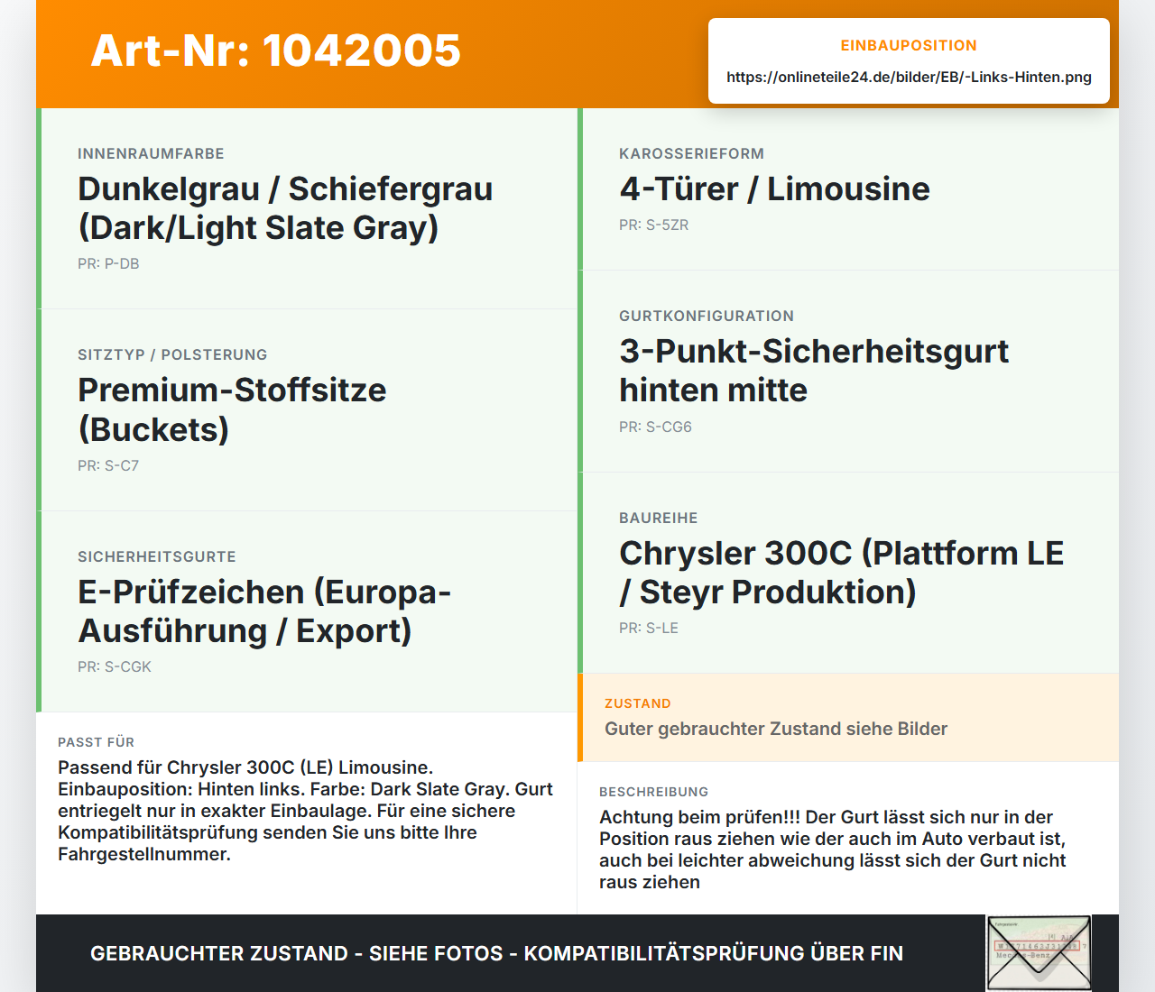 Chrysler 300C LE 04-07 Lim Gurt Sicherheitsgurt Links Hinten Chrysler 300C LE 04-07 07.08.2007 0UX58XDVAD gebraucht Vorschau 3