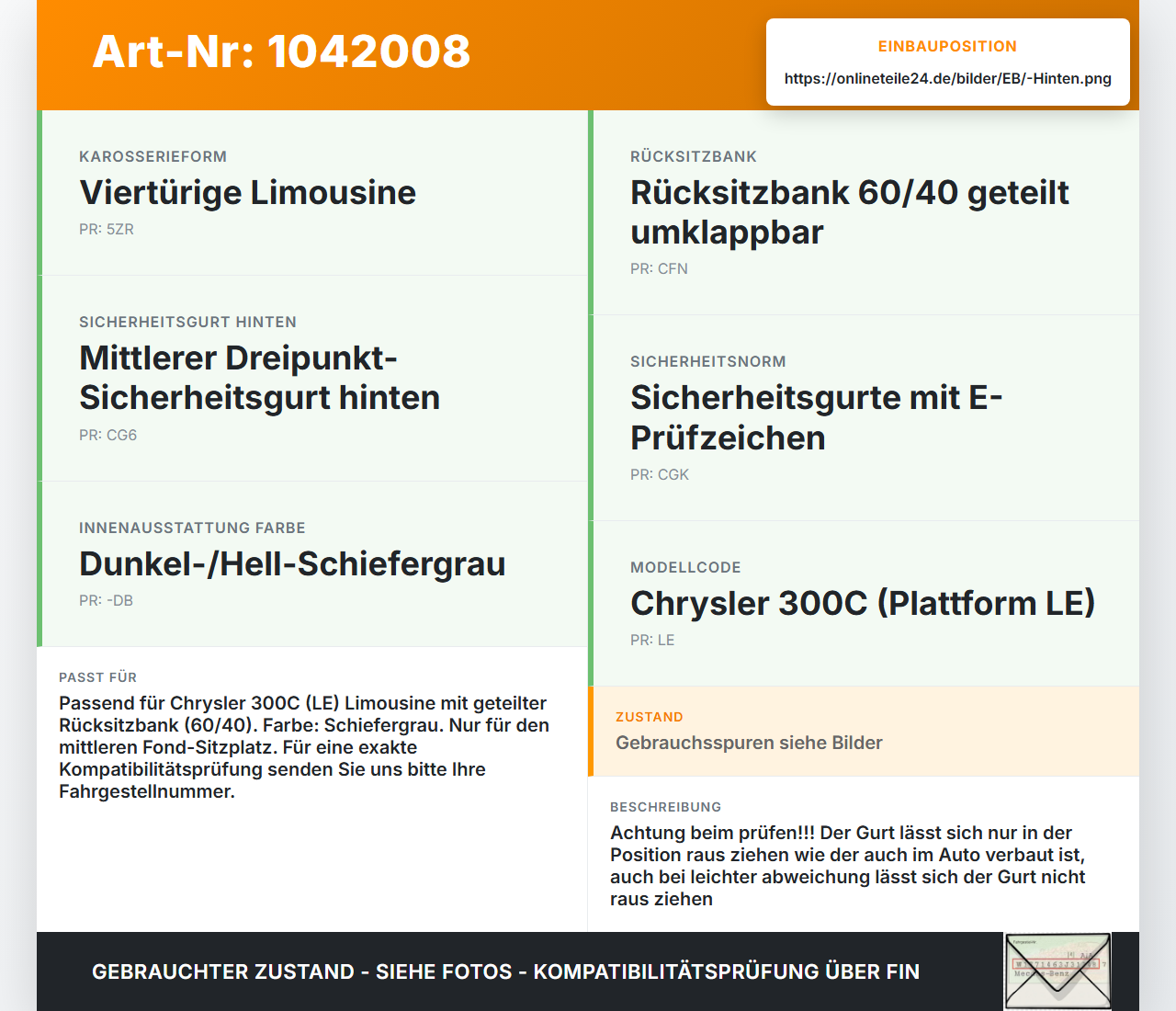 Chrysler 300C LE 04-07 Lim Gurt Sicherheitsgurt Mitte Hinten Chrysler 300C LE 04-07 07.08.2007 0UW811DBAF 2021685... Vorschau 3