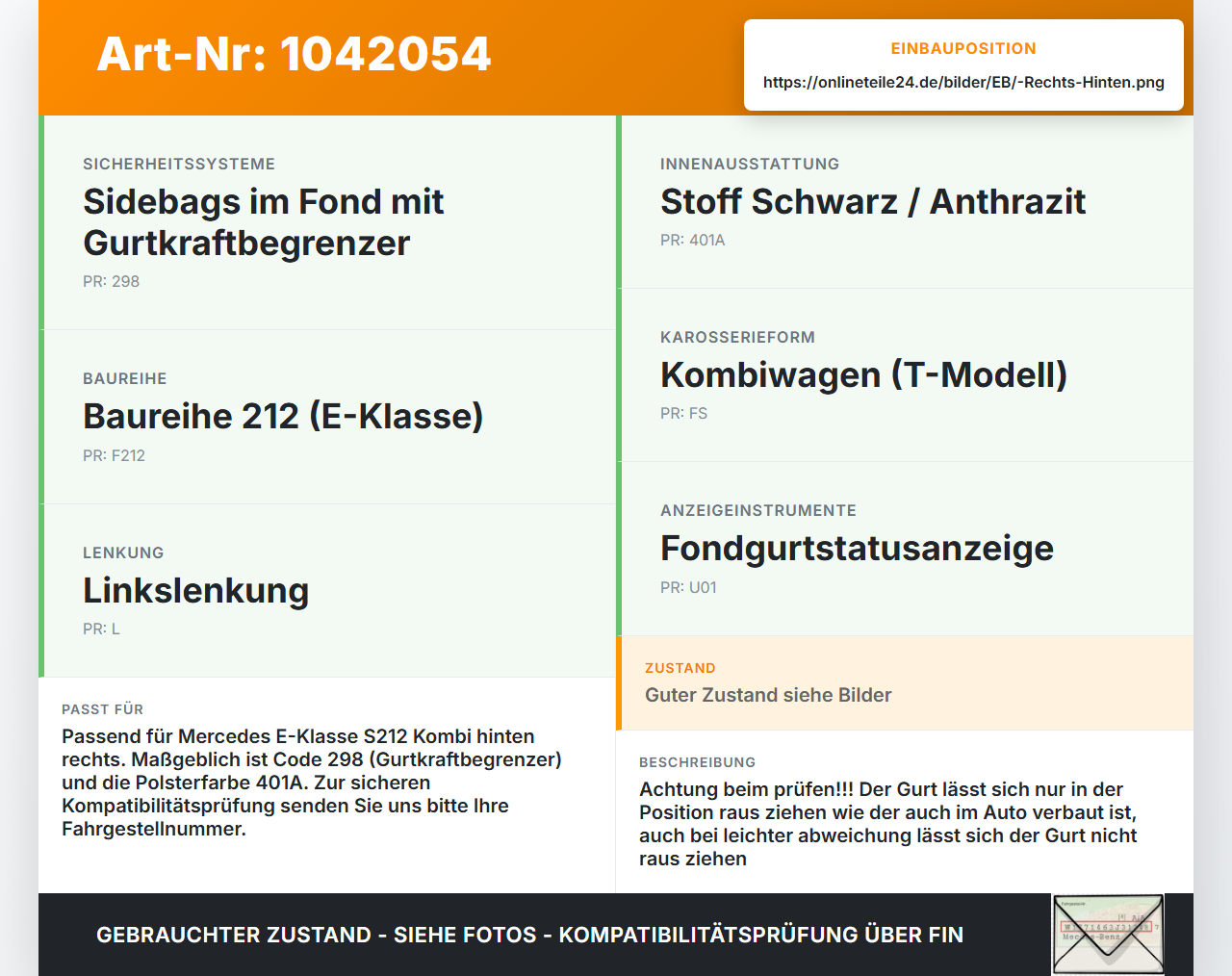 Mercedes S212 E350d 13-16 Kombi Gurt Sicherheitsgurt Rechts Hinten Mercedes S212 E350d 13-16 18.02.2010 A2128600385... Vorschau 3