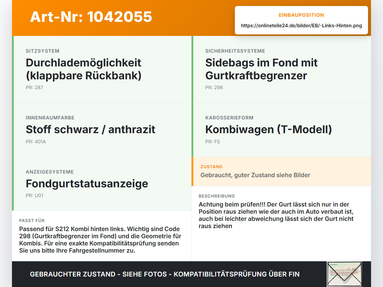 Mercedes S212 E350d 13-16 Kombi Gurt Gurtstraffer Sicherheitsgurt Links Hinten Mercedes S212 E350d 13-16 18.02.2010... Vorschau 3