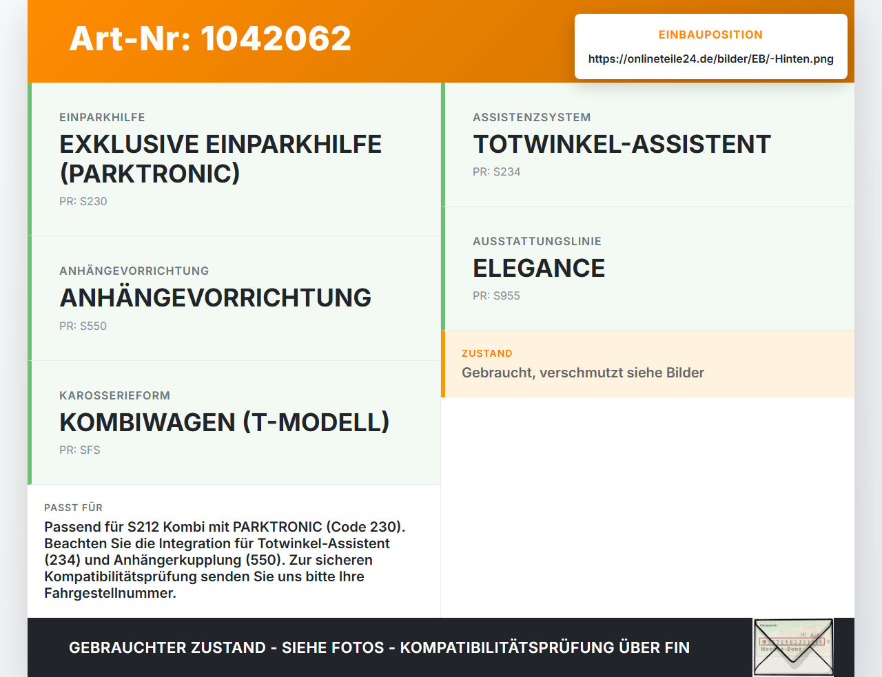 Mercedes S212 E350d 13-16 Kombi PDC Kabelbaum Stoßstange Hinten 4 Sensoren Mercedes S212 E350d 13-16 18.02.2010... Vorschau 3