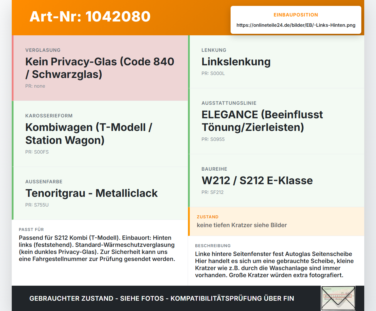Mercedes S212 E350d 13-16 Kombi Feste Seitenscheibe Scheibe Links Hinten Mercedes S212 E350d 13-16 18.02.2010... Vorschau 3