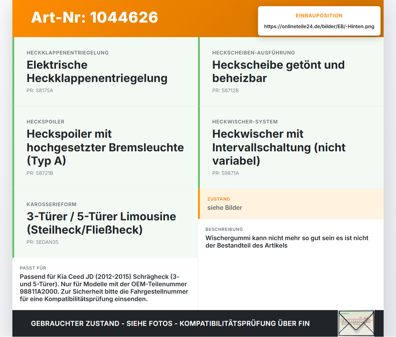 Kia Ceed JD 12-15 Lim Heckwischer Scheibenwischer Hinten Wischarm Kia Ceed JD 12-15 03.05.2013 98811A2000 gebraucht Vorschau 3