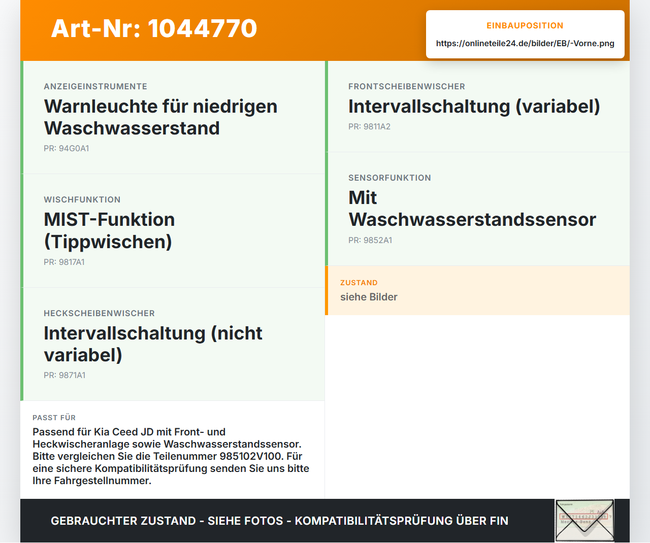 Kia Ceed JD 12-15 Waschwasserpumpe Wischwasserpumpe Waschpumpe Vorne Kia Ceed JD 12-15 03.05.2013 985102V100... Vorschau 3