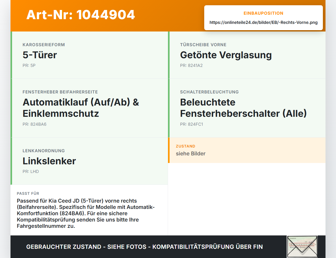 Kia Ceed JD 12-15 Lim Fensterheber o. FH-Motor Rechts Vorne Kia Ceed JD 12-15 03.05.2013 82460A2010 82480-A2610... Vorschau 3