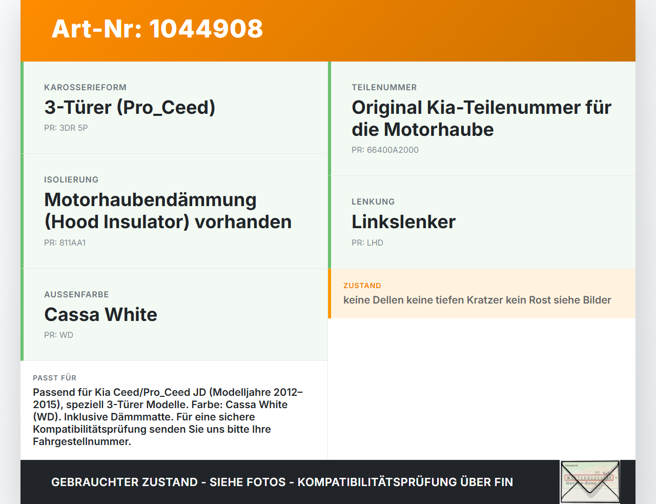 Kia Ceed JD 12-15 Motorhaube Frontklappe Haube WD Kia Ceed JD 12-15 03.05.2013 66400A2000 66400A-2000 gebraucht Vorschau 3