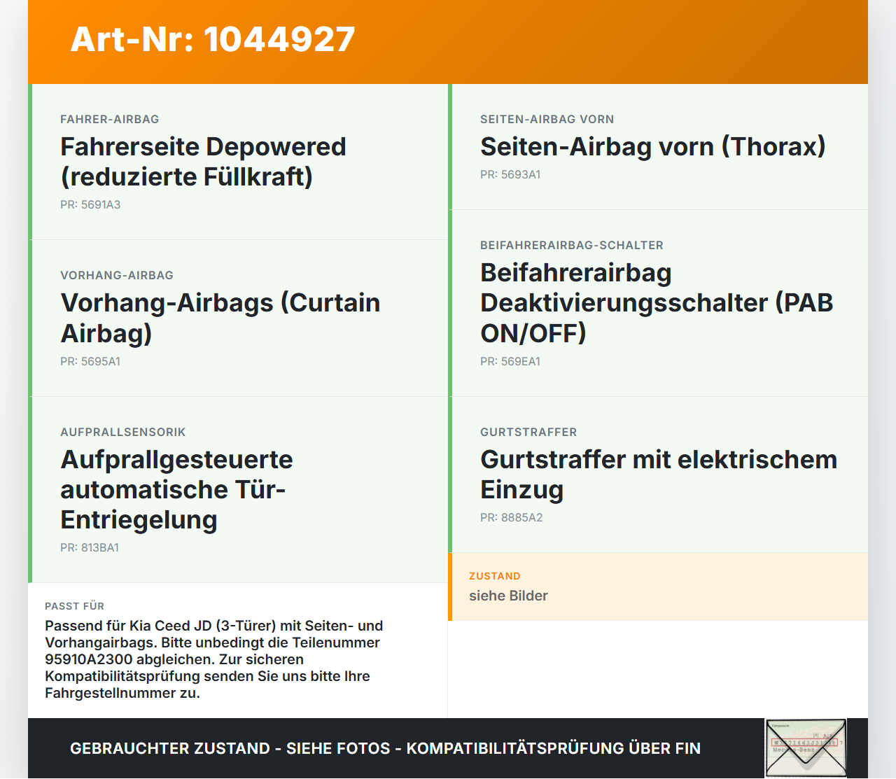 Kia Ceed JD 12-15 Airbag Steuergerät Airbagsteuergerät Kia Ceed JD 12-15 03.05.2013 95910A2300 95910-A2300 gebraucht Vorschau 3