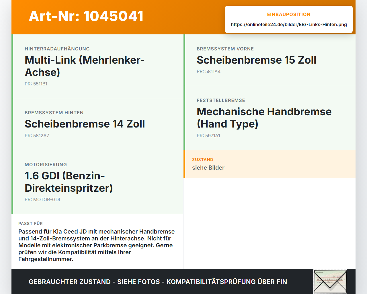 Kia Ceed JD 12-15 1,6 99KW Bremssattel Bremszange Hinten Links Kia Ceed JD 12-15 03.05.2013 58300A-2300 gebraucht Vorschau 3