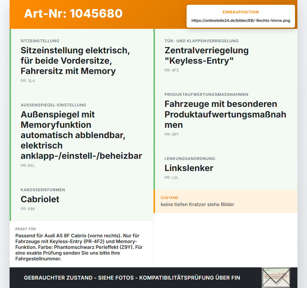 Audi A5 8F Cabrio 09-12 Cabrio Türgriff Griff aussen Rechts Vorne Keyless Entry LZ9Y Audi A5 8F Cabrio 09-12... Vorschau 3