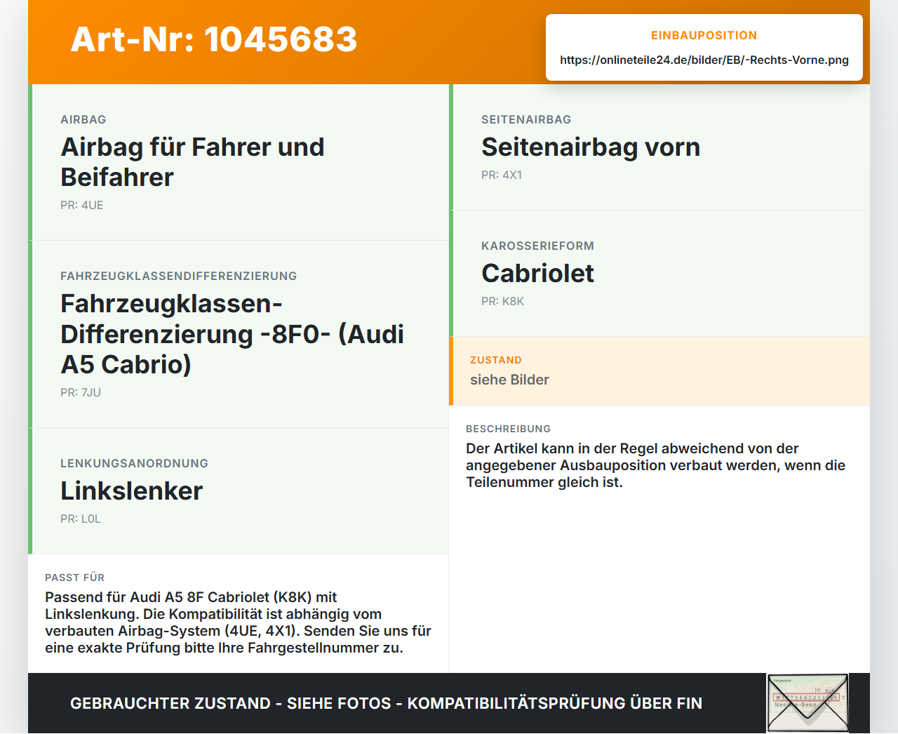 Audi A5 8F Cabrio 09-12 Sensor Airbag Crashsensor Airbagsensor Rechts Vorne Audi A5 8F Cabrio 09-12 25.08.2011... Vorschau 3
