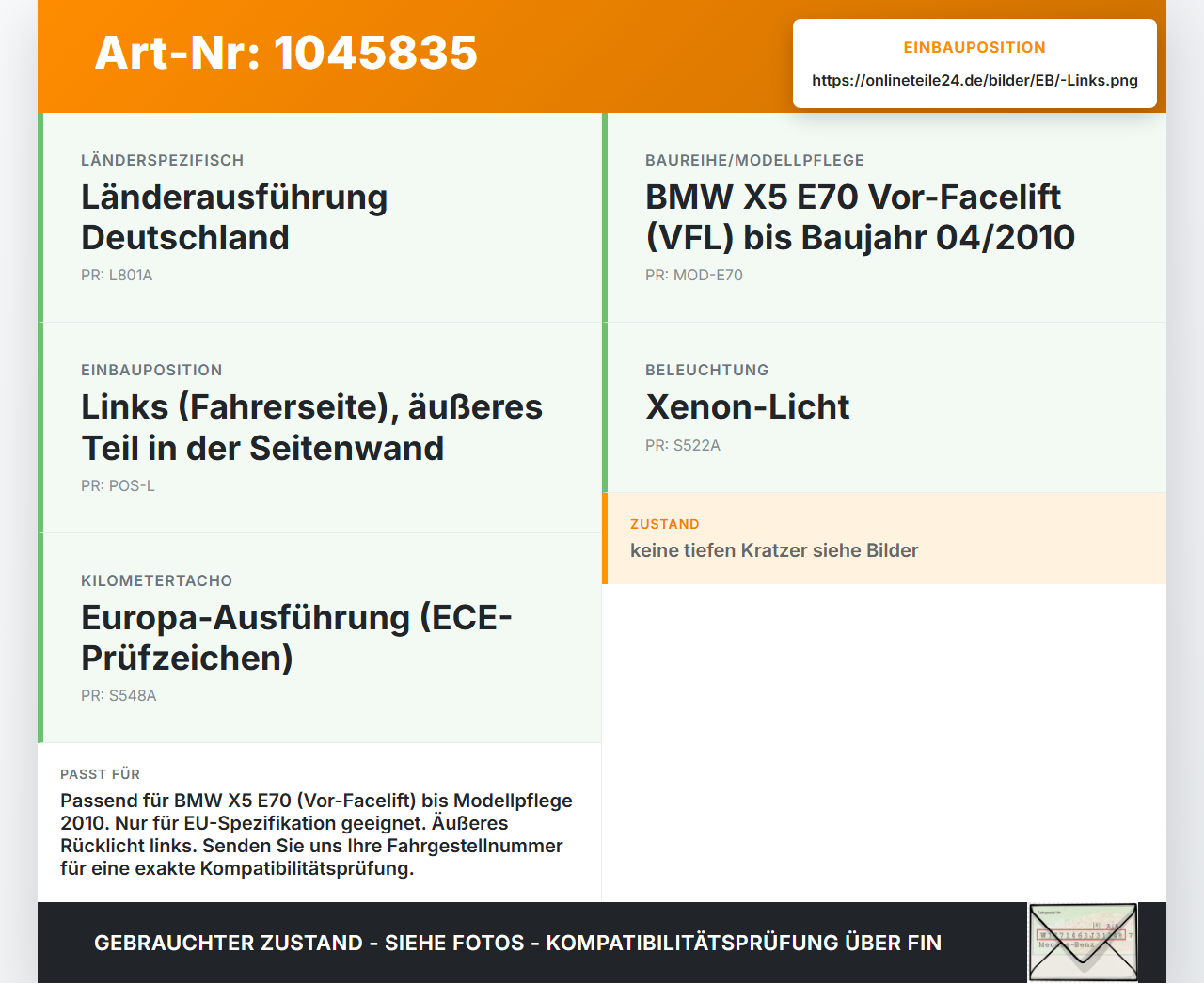BMW X5 35d E70 06-10 Rückleuchte Rücklicht Heckleuchte Links orig BMW X5 35d E70 06-10 16.06.2009 63217200817... Vorschau 3