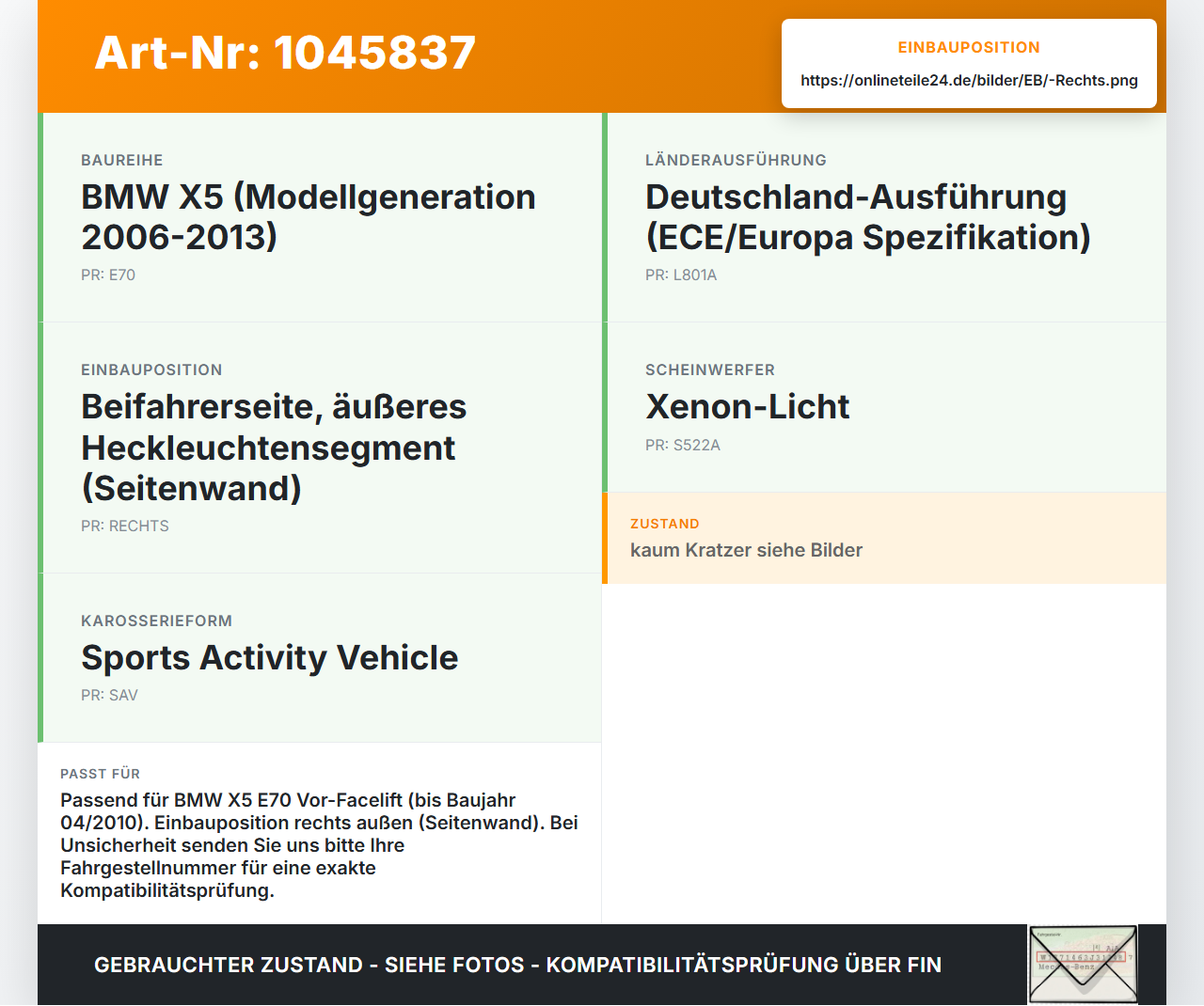 BMW X5 35d E70 06-10 Rückleuchte Rücklicht Heckleuchte Rechts orig BMW X5 35d E70 06-10 16.06.2009 63217200818... Vorschau 3