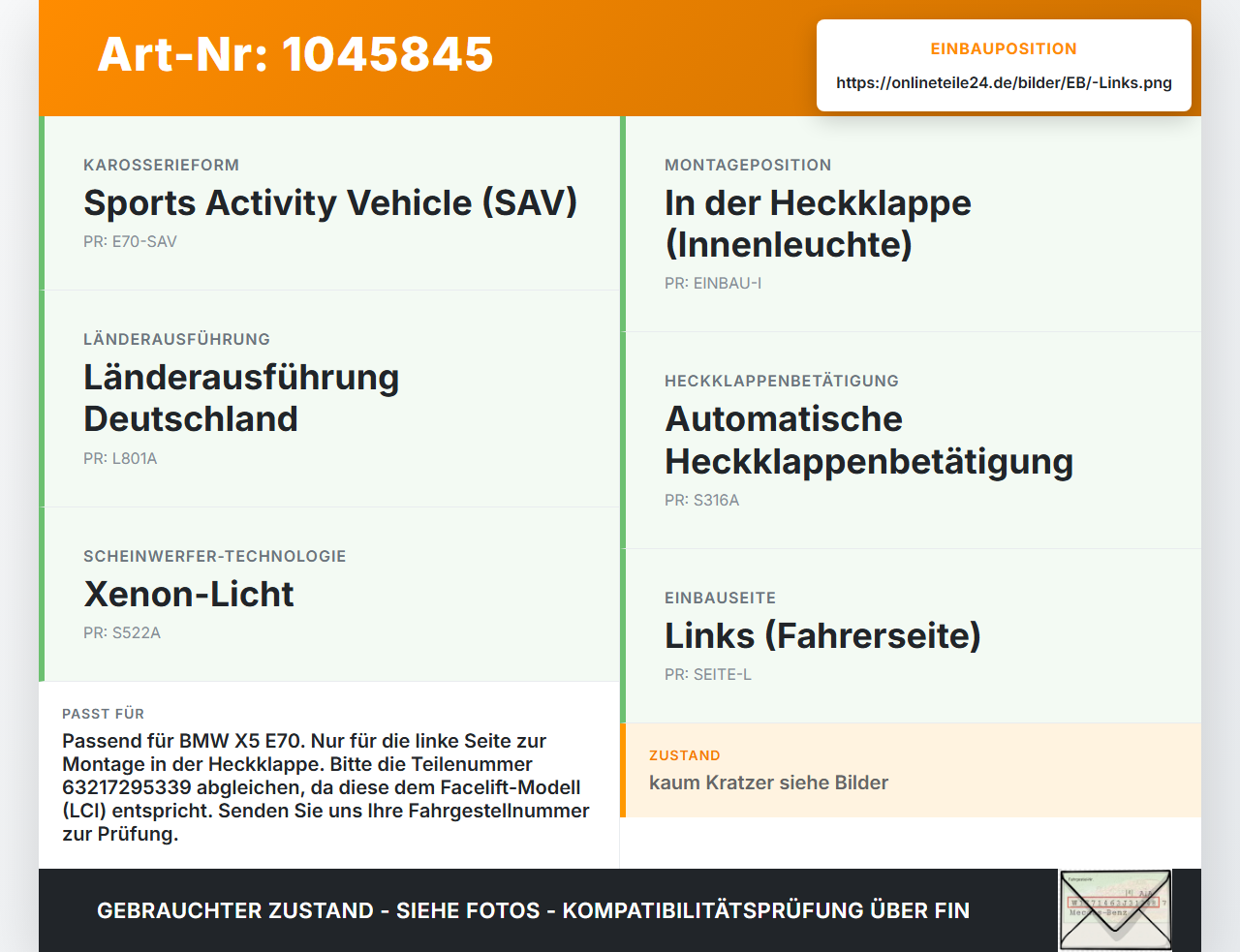 BMW X5 35d E70 06-10 Rückleuchte Heckleuchte für Klappe Links BMW X5 35d E70 06-10 16.06.2009 63217295339 7295339... Vorschau 3