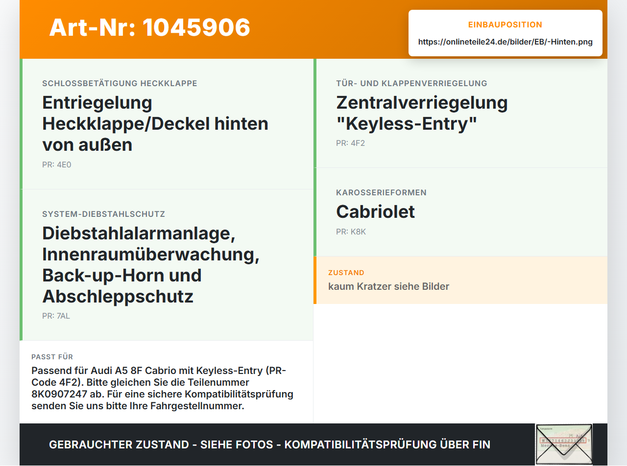 Audi A5 8F Cabrio 09-12 Empfänger Antenne für Kessy Keyless Entry Hinten Audi A5 8F Cabrio 09-12 25.08.2011... Vorschau 3
