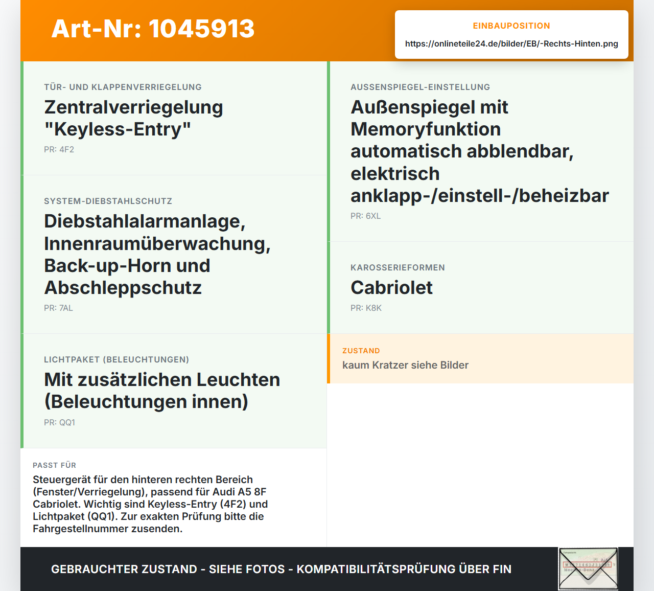 Audi A5 8F Cabrio 09-12 Türsteuergerät Steuergerät Tür Hinten Rechts Audi A5 8F Cabrio 09-12 25.08.2011 8T0959795L... Vorschau 3