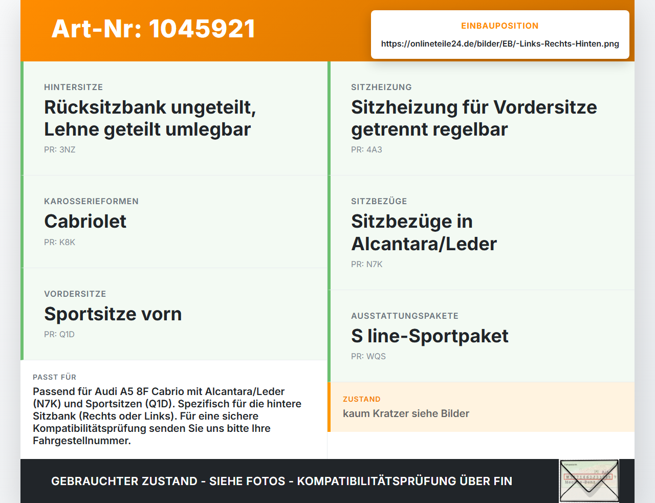 Audi A5 8F Cabrio 09-12 Kopfstütze Rechts oder Links Hinten Audi A5 8F Cabrio 09-12 25.08.2011 8F0885973P gebraucht Vorschau 3
