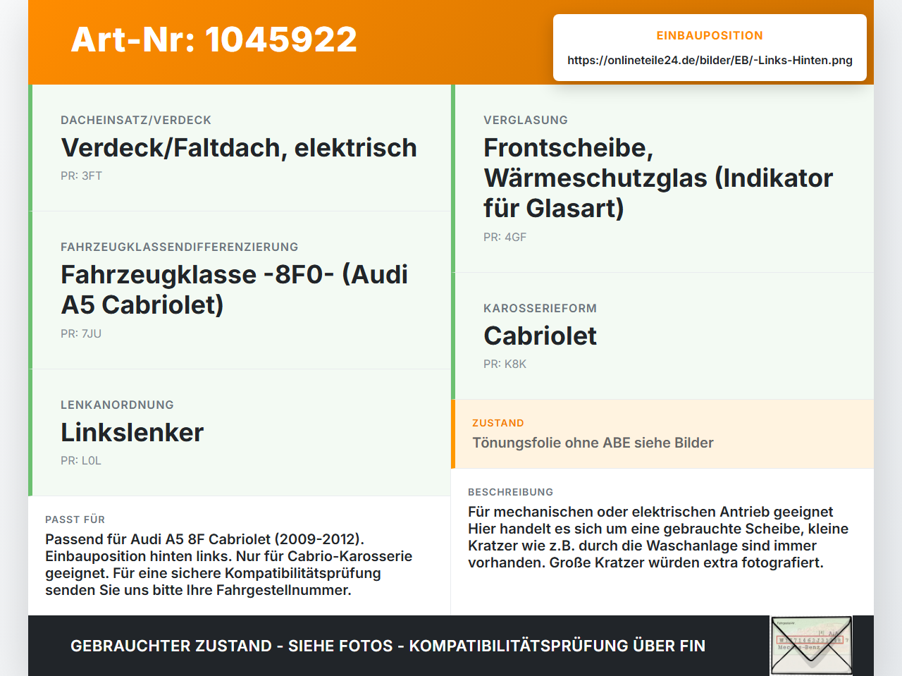 Audi A5 8F Cabrio 09-12 Cabrio Seitenscheibe LHK  für Türscheibe Fenster Links Hinten Audi A5 8F Cabrio 09-12... Vorschau 3