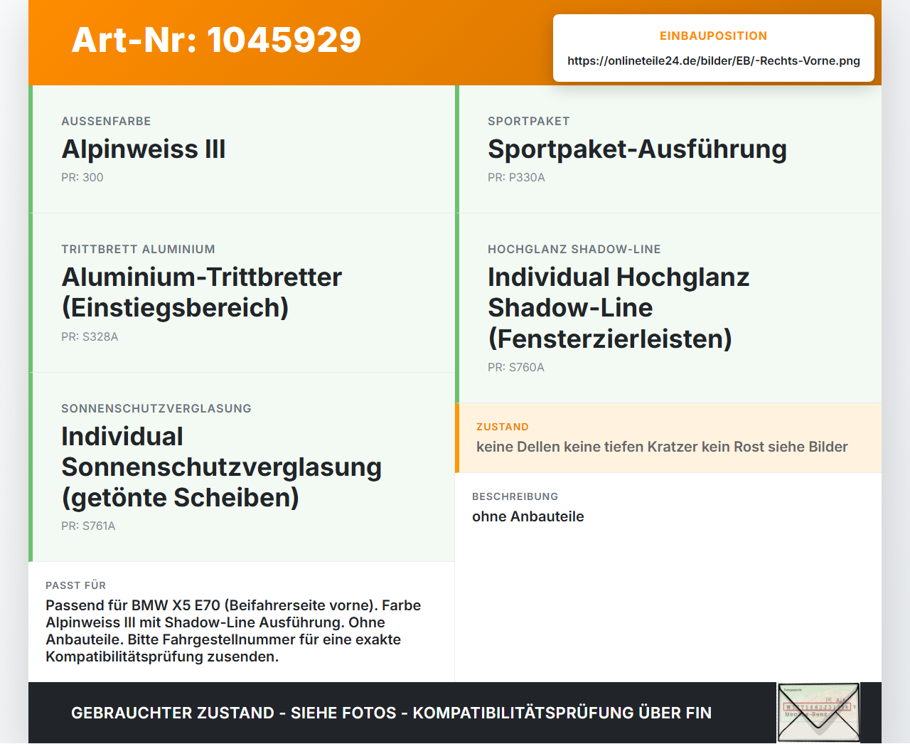 BMW X5 35d E70 06-10 Tür Beifahrertür Rechts Vorne 300 BMW X5 35d E70 06-10 16.06.2009 7211424 41517211424 gebraucht Vorschau 3