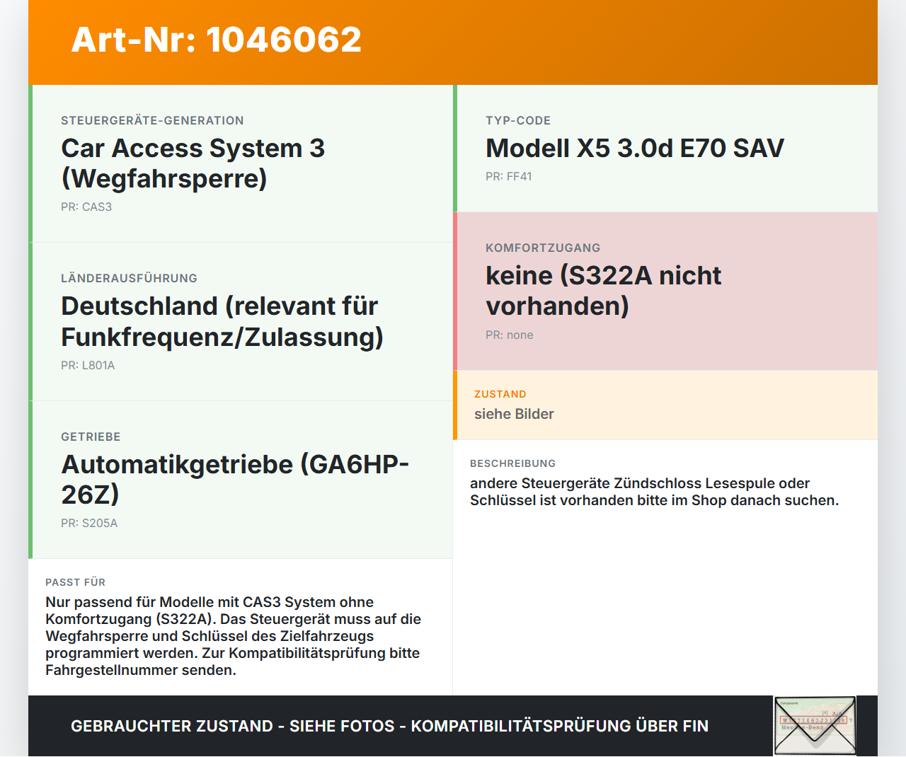 BMW X5 35d E70 06-10 3,0d 173KW Wegfahrsperre ECU Steuergerät BMW X5 35d E70 06-10 16.06.2009 9395656 61359395656... Vorschau 3