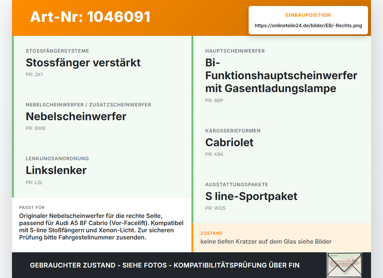 Audi A5 8F Cabrio 09-12 Nebelscheinwerfer Rechts orig. Audi A5 8F Cabrio 09-12 25.08.2011 8T0941700 13002030... Vorschau 3