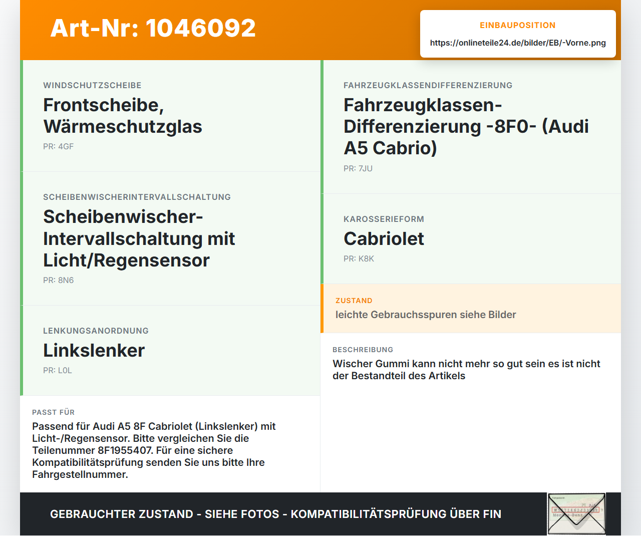 Audi A5 8F Cabrio 09-12 2x Scheibenwischer Wischarm Vorne Audi A5 8F Cabrio 09-12 25.08.2011 8F1955407 gebraucht Vorschau 3